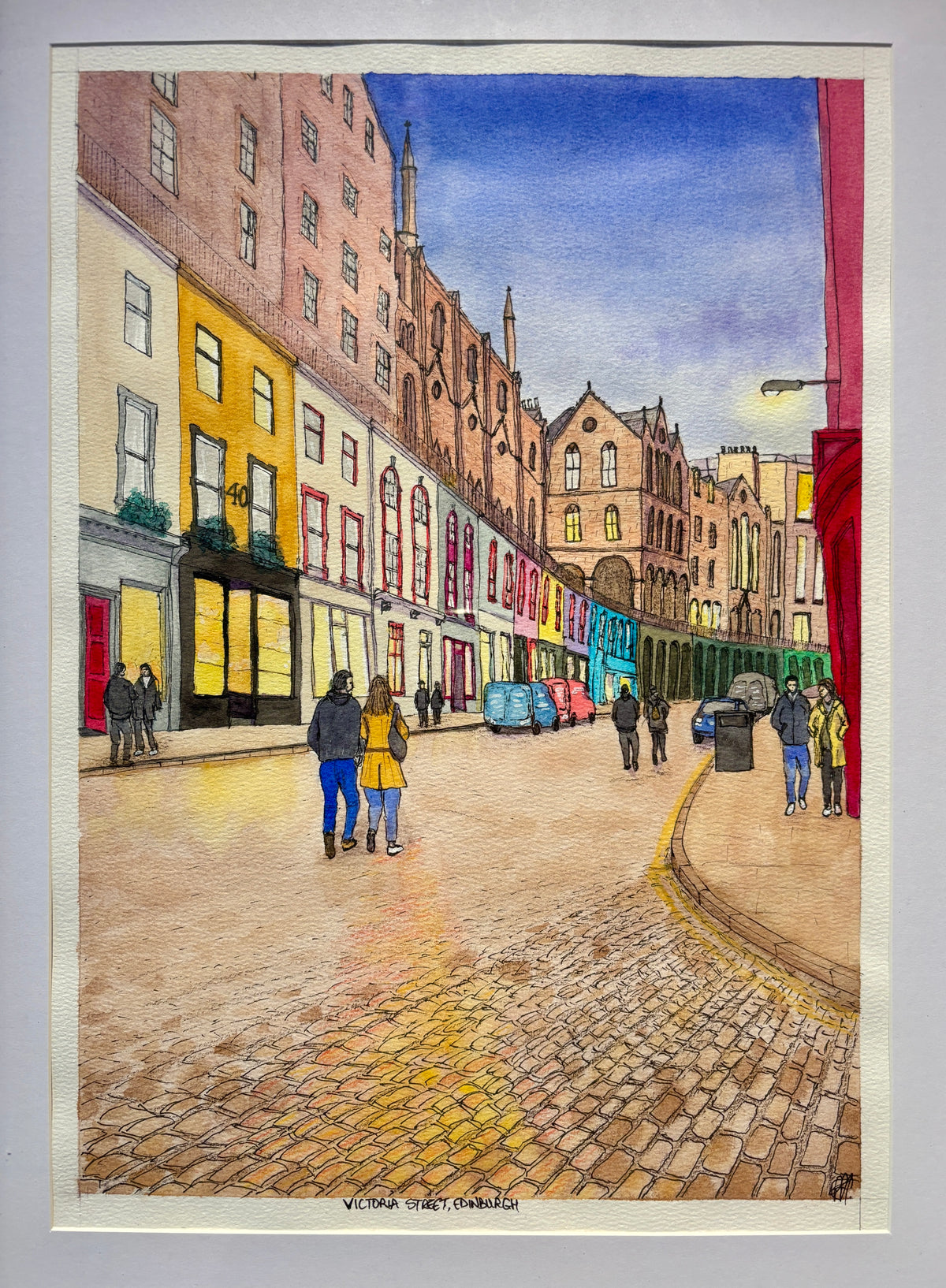 Victoria Street, Edinburgh at dusk.