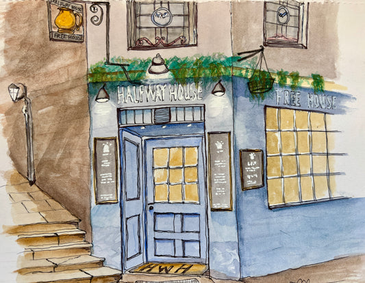 Illustration of a pub named 'Halfway House' with a blue door and sign.
