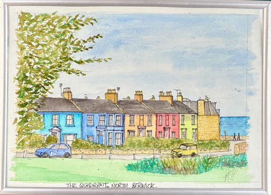 Colorful row of houses with a car parked in front, framed artwork.